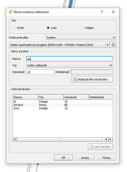 Nowa warstwa shapefile