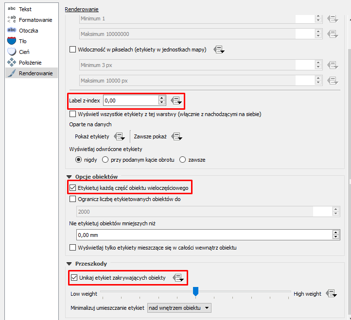 Etykiety - ustawienia renderowania